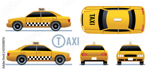 Taxi car. Yellow cab view from side, front, back and top. Cartoon city taxi vector set. Illustration of taxi auto, transport service