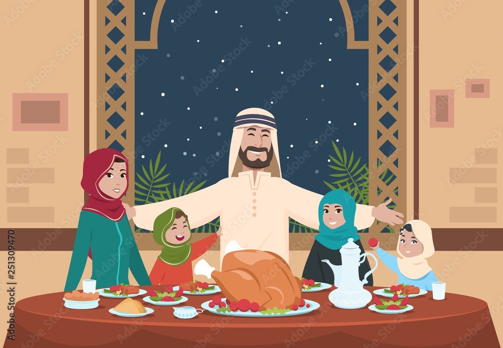 Muslim ramadan dinner. Saudi family with kids eating home. Ramadan cartoon  vector illustration. Muslim holiday ramadan, dinner family Stock Vector |  Adobe Stock