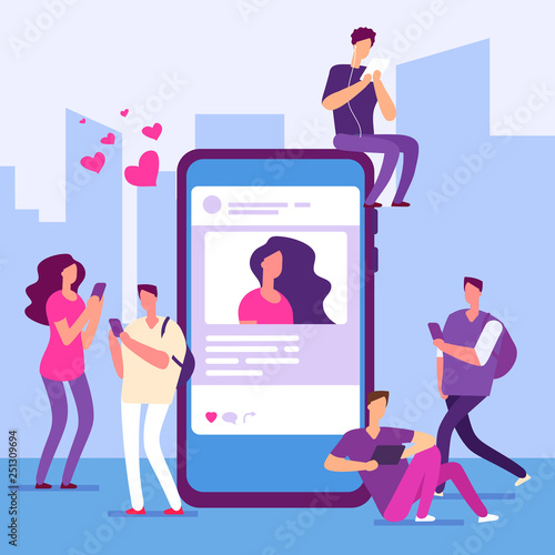 Social media concept. People follow smartphone with message and like. Vector smartphone and networking, social online feedback illustration