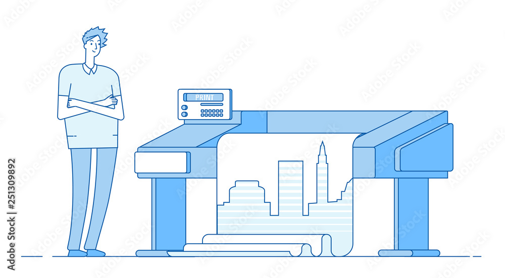 Man works with plotter. Printing wide format large banner. Print office publishing house vector concept. Worker plotter in printshop, equipment print illustration Man works with plotter. Printing wide format large banner. Print office publishing house vector concept. Worker plotter in printshop, equipment print illustration