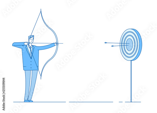 Man shoots bow. Arrow targeting in target, businessman precision shooting. Aim reaching business benefit accomplishment vector concept. Goal and target, success archery illustration