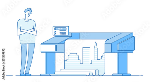 Man works with plotter. Printing wide format large banner. Print office publishing house vector concept. Worker plotter in printshop, equipment print illustration