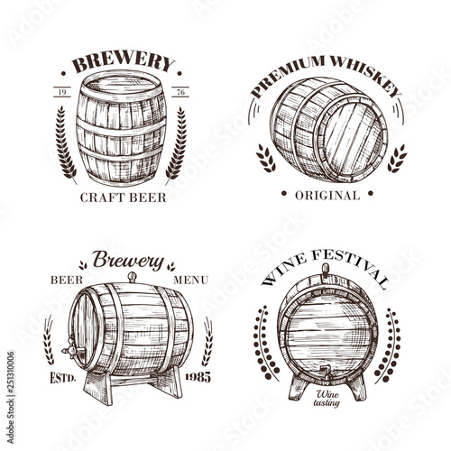 Brewery emblem. Barrel of beer and wine, whiskey and brandy sketch vector vintage labels with wooden cask and typographic design. Cask beer, wine and whiskey in keg illustration