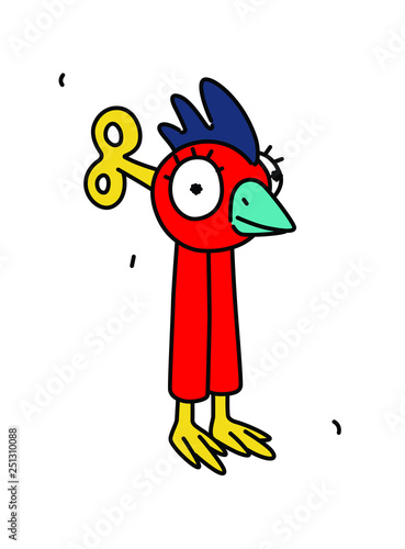 Clockwork red bird in the form of the letter I or L. Vector. Flat outline style. Logo for the company. Latin letter. Company logo. Funny red character with a key.