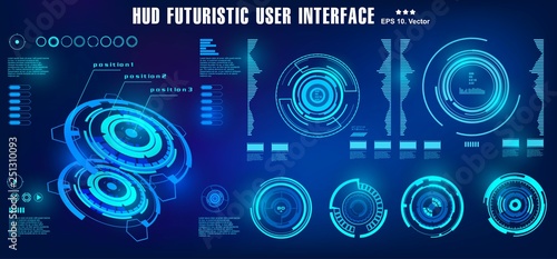 Dashboard blue display virtual reality technology screen. HUD futuristic user interface, target