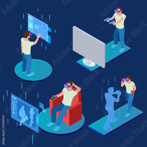 Virtual reality gaming, sporting, relaxing isometric vector concept. Illustration of virtual reality, entertainment gaming controlled