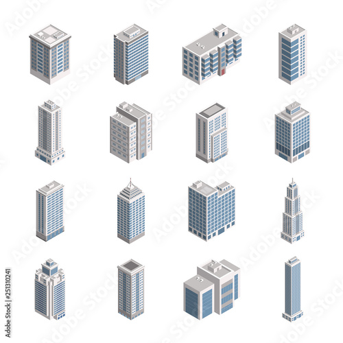 Vector Isometric City Building Set. Vector Isometric City Building Icon Isolated on White Background. Private House, Skyscraper, Real Estate, Public Building, Hotel.