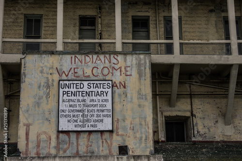 United States Penitentiary sign and Exterior View of Alcatraz Prison, California, USA