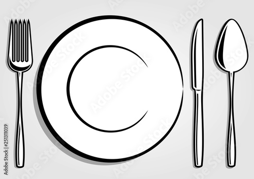 Empty plate with knife, spoon and fork isolated on white background. Vector illustration 