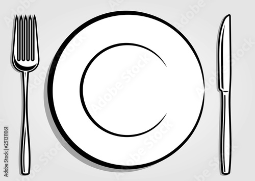 Dish plate, Fork and Knife isolated on white background. Vector illustration