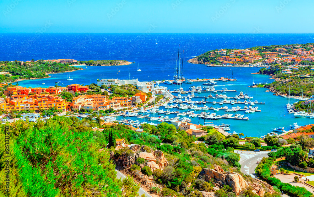View of Porto Cervo, Italian seaside resort in northern Sardinia, Italy. Centre of Costa Smeralda, Sardinia. Porto Cervo is one of the most expensive resorts in the world. Sardinia island, Italy