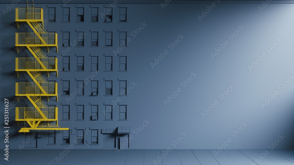 Concept design of emergency stairs on blue background. Yellow emergency