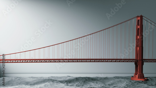 Concept art of Golden Gate bridge in 3d. 3d illustration of Bridge in the room