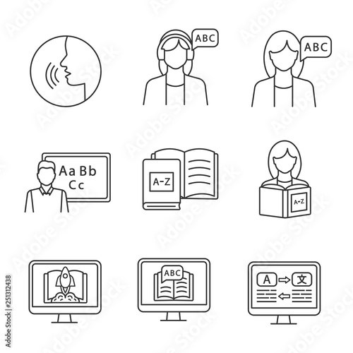 Foreign language learning linear icons set