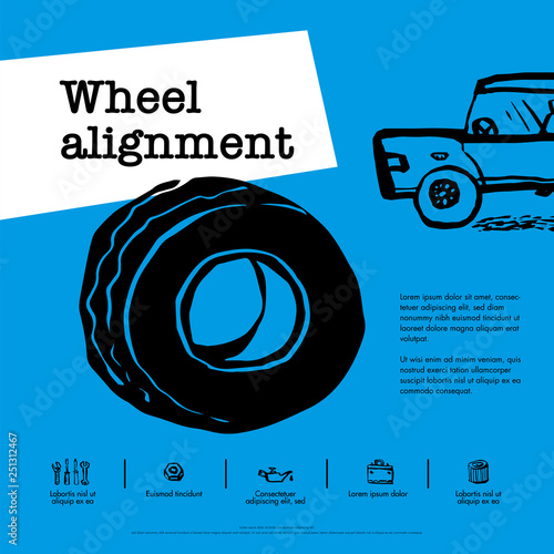 Car service concept. Web banner. Wheel alignment, similarity collapse, tire service, car repair etc. Doodle ink style vector illustration.