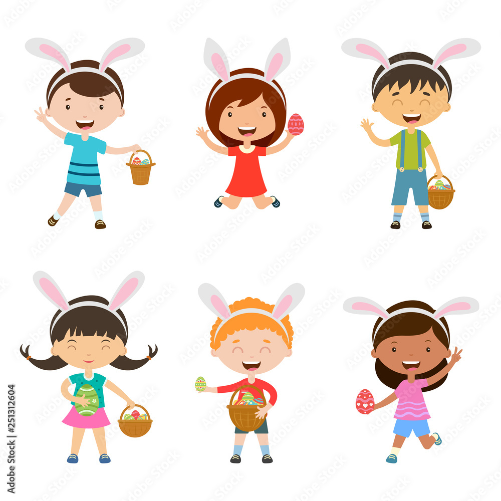 Cartoon children with bunny ears set. Spring cute children in easter costumes with basket and egg. Children hunting for easter eggs Cartoon children with bunny ears set. Spring cute children in easter costumes with basket and egg. Children hunting for easter eggs
