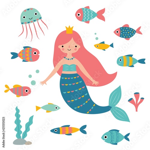 Cartoon mermaid and fishes set