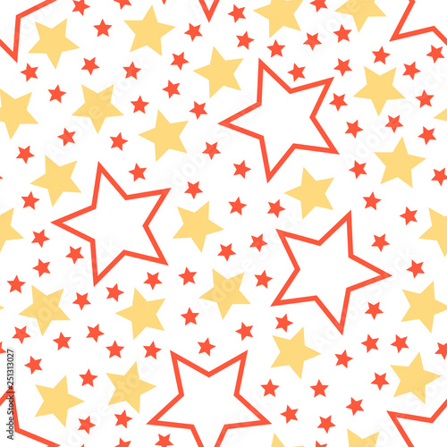 Vector illustration of red and yellow five-pointed stars.Seamless childre s background a pattern on a space subject. Travel to stars  observation of infinity of the Universe.