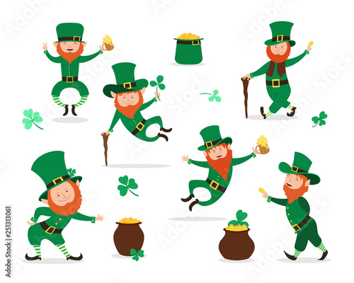 Leprechaun collection for Saint Patrick Day design. Cute Irish fairytale character set.