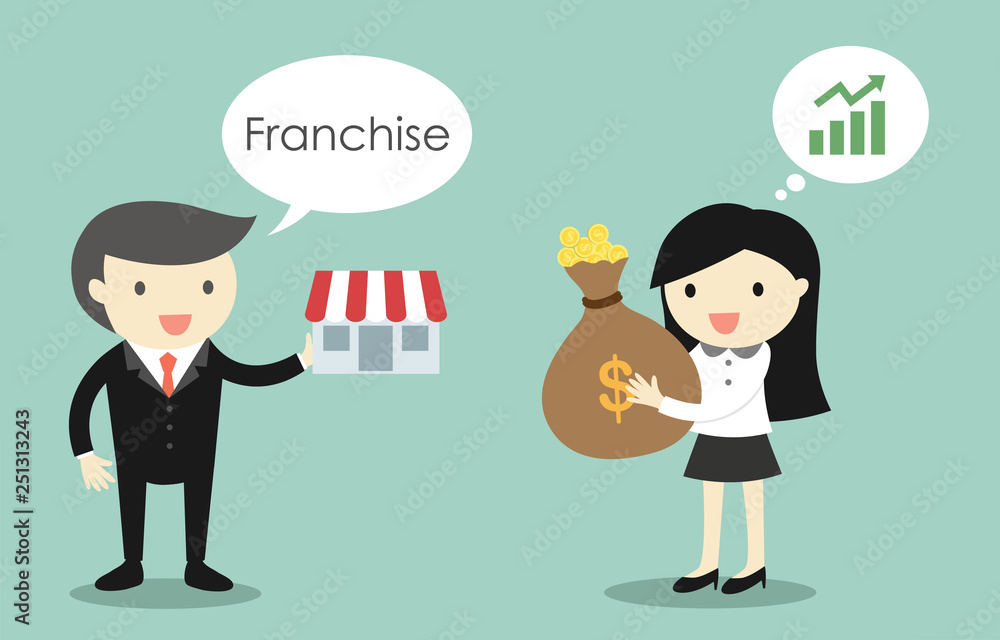 Business concept, Businessman is selling franchise to business woman. Vector illustration. Business concept, Businessman is selling franchise to business woman. Vector illustration.