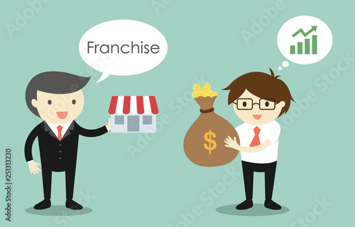 Business concept, Businessman is selling franchise to another businessman. Vector illustration.