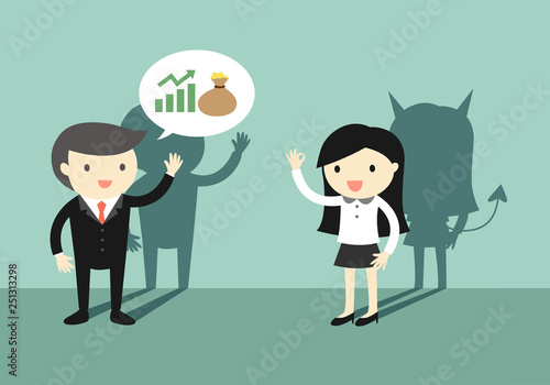Businessman talking about investment with businesswoman, but she is an untrustable person. Vector illustration.
