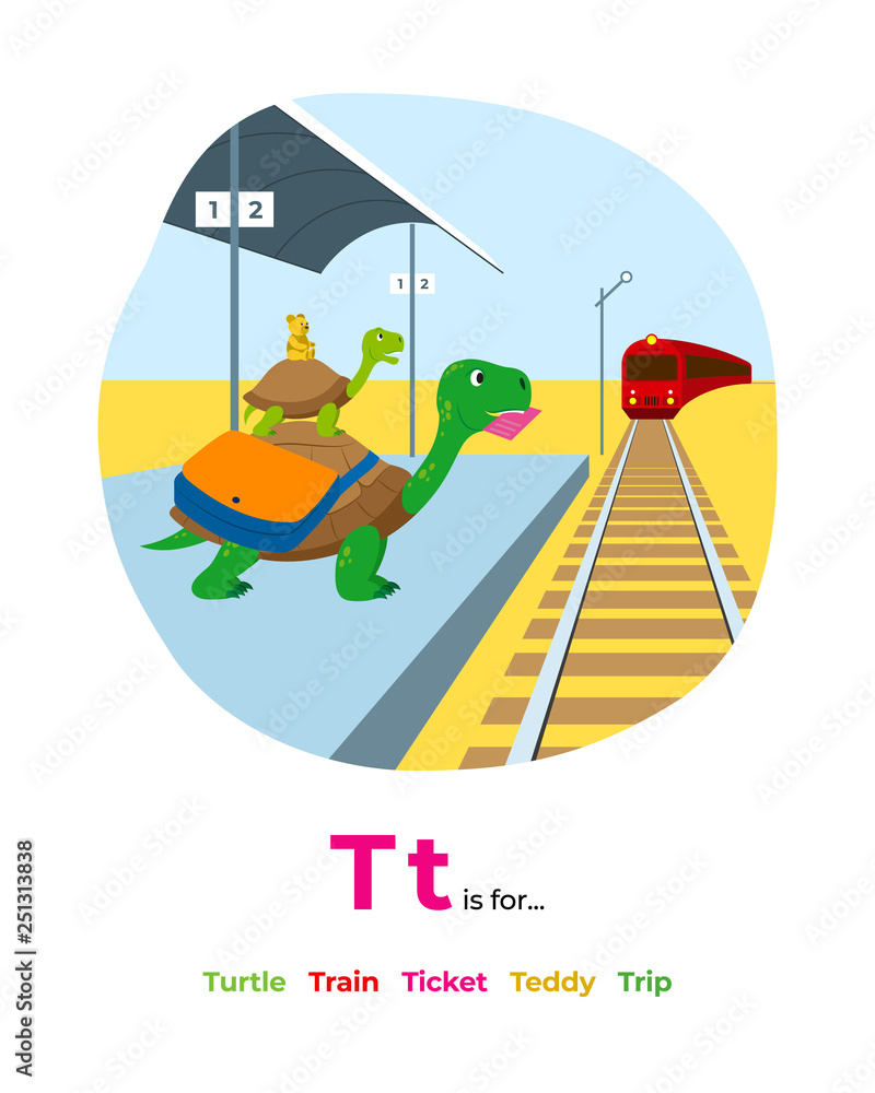 English alphabet Colored cartoon with letter T for children, with pictures  to these letter with turtle, train, ticket, teddy, trip. - Vector Stock  Vector | Adobe Stock