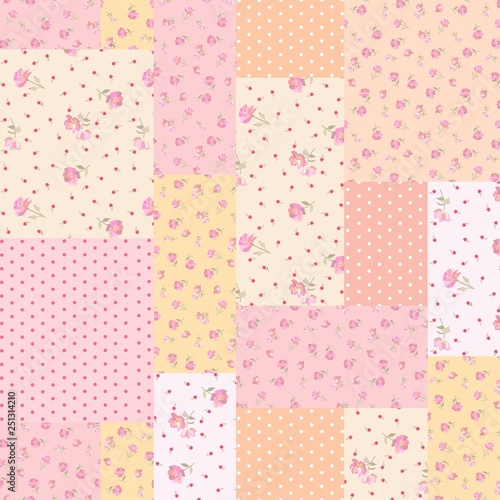 Seamless patchwork pattern with pink flowers. Elegant print for fabric in pastel colors.