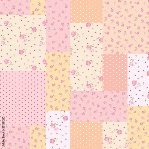 Seamless patchwork pattern with pink flowers. Elegant print for fabric in pastel colors. photo