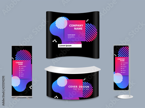 Exhibition stand mock-up design with templates for business Prism color of the rainbow in a bright and geometric multi-colored bubbles and fluid shapes, Vector illustration