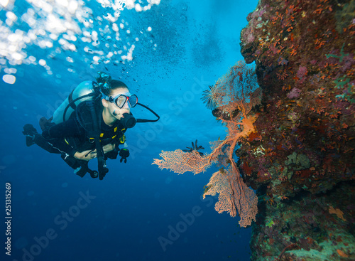 Young woman scuba diver exploring coral reef.