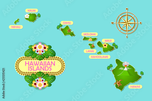 Rough and not detailed Hawaiian islands with traditional folk floral decoration sign.
