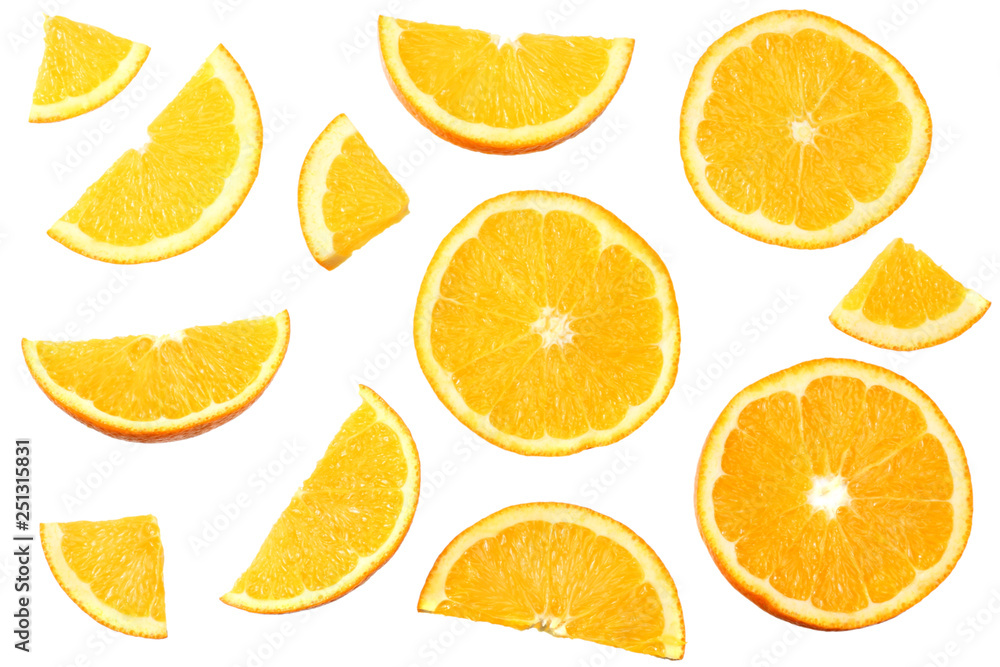 Fototapeta premium orange with slices isolated on white background. healthy food. top view