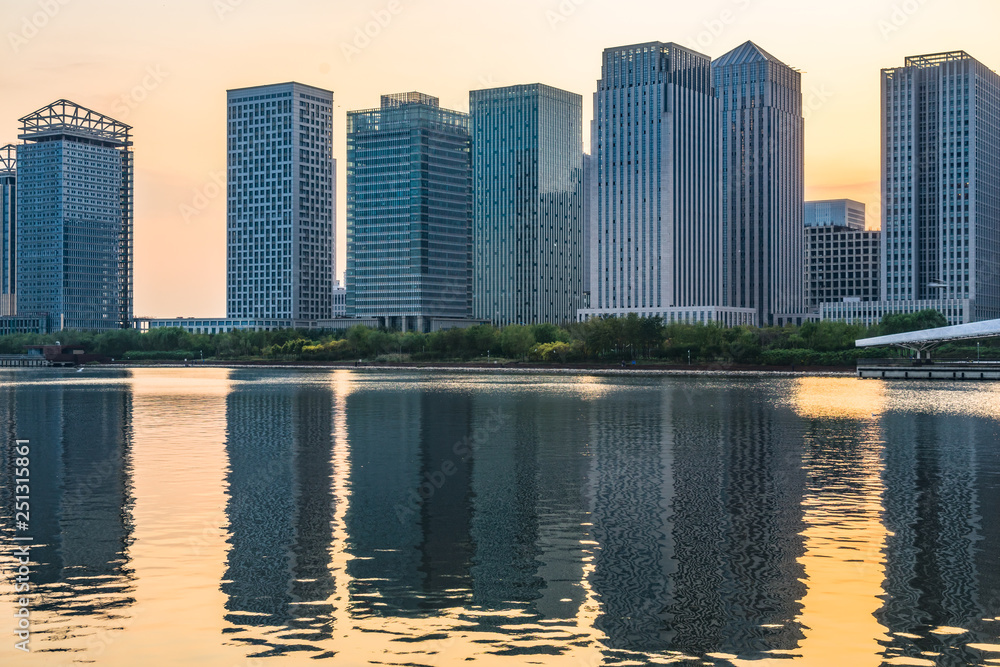 Fototapeta premium urban skyline and modern buildings at dusk, cityscape of China.