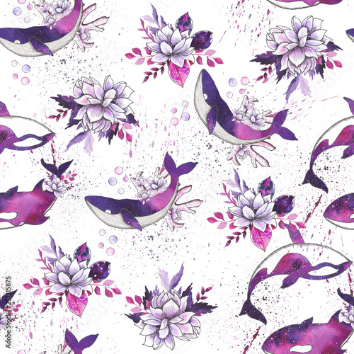 Ocean watercolor collection with silhouettes of sea animals  whales  dolphins  killer whales  stingrays and narwhals with purple flower and fantastic space backgrounds