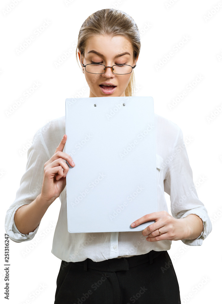 Business woman looking on clipboard with surprised. Business woman looking on clipboard with surprised.