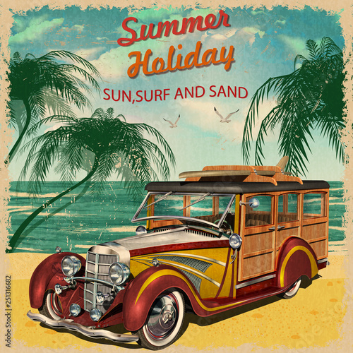 Summer holidays poster with retro Woody Car and surfboards.