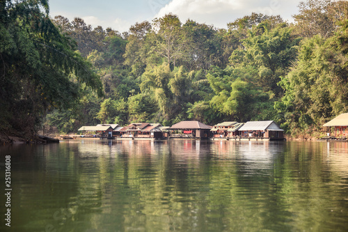 Wooden raft building on river kwai in tropical rainforest at Kanchanaburi