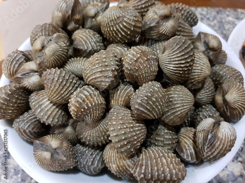 Top view of steamed cockles on dish in restaurant