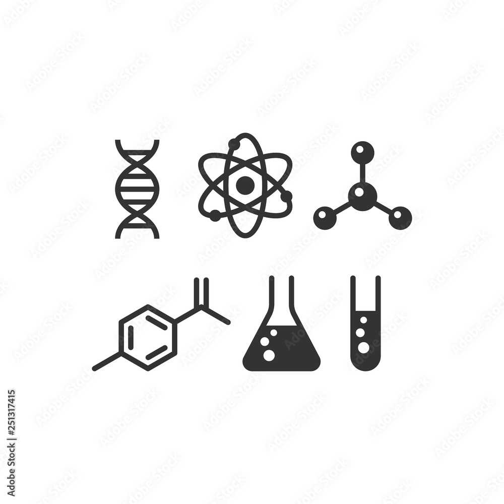 Chemistry black isolated vector icon set. Molecule, dna, test tube and atom simple glyph icons. Chemistry black isolated vector icon set. Molecule, dna, test tube and atom simple glyph icons.