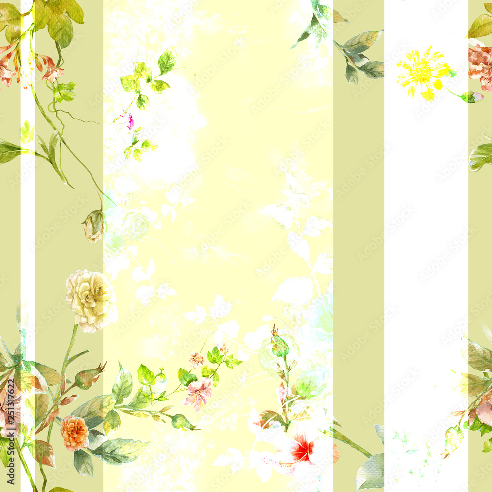 Obraz premium Watercolor painting of leaf and flowers, seamless pattern on white background
