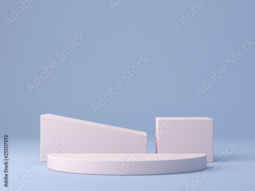 Pink coral shapes on a blue abstract background. Two minimal boxes and a cylinder podium.Scene with geometrical forms. Empty showcase for cosmetic product presentation. Fashion magazine. 3d render. 