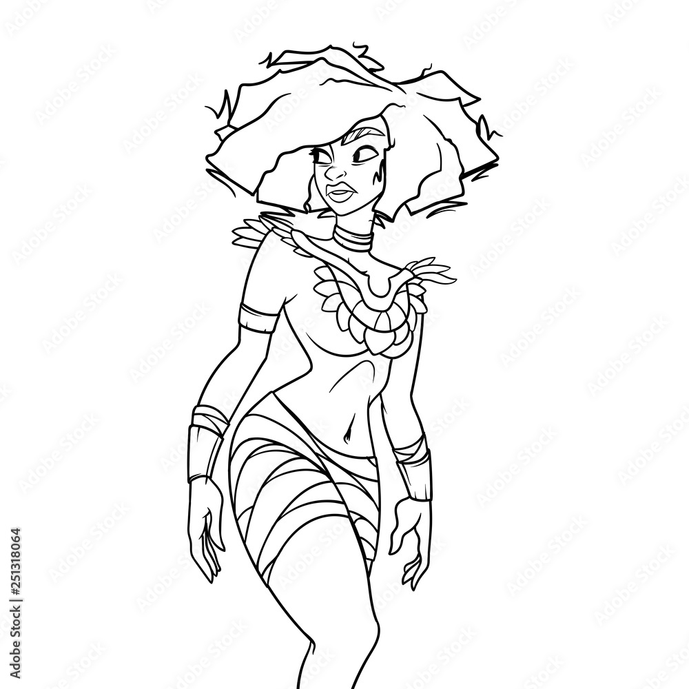 Cartoon woman in ancient clothes, with amazing hairstyle, outline on white background