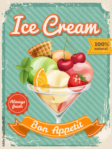 Vector fruits ice cream poster in vintage style with typography elements