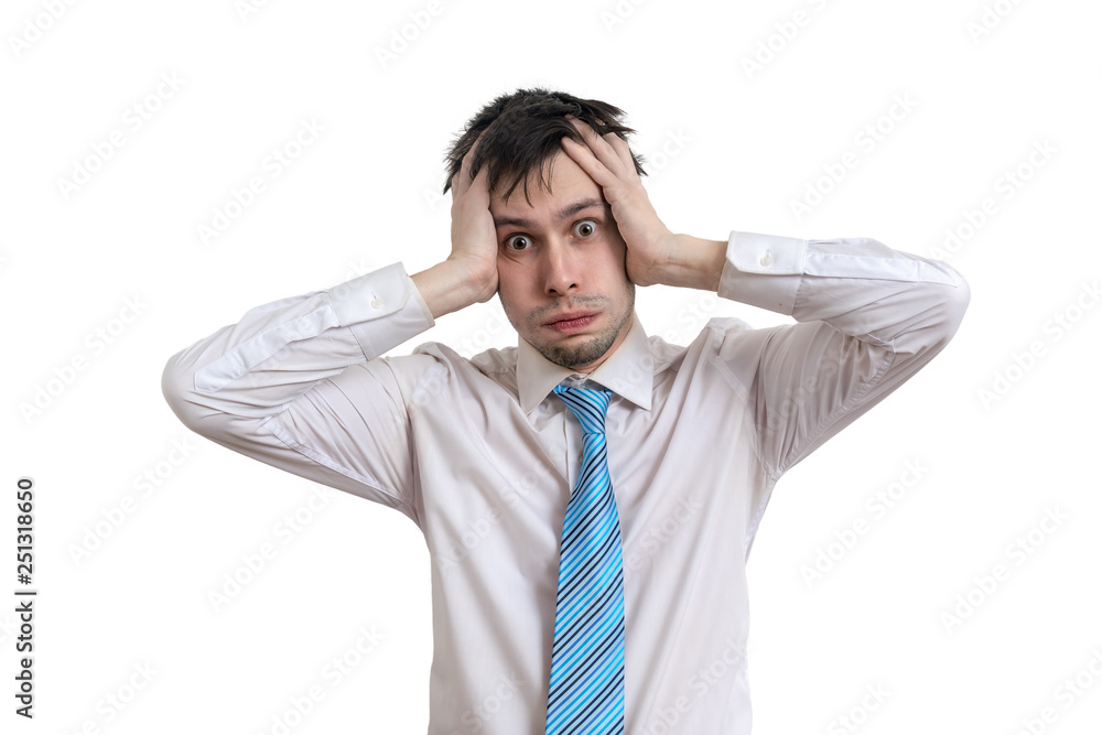 Worried businessman is holding his head. Isolated on white background. Worried businessman is holding his head. Isolated on white background.