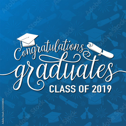 Vector illustration on seamless graduations background congratulations graduates 2019 class of, white sign for the graduation party. Typography greeting, invitation card with diplomas, hat, lettering