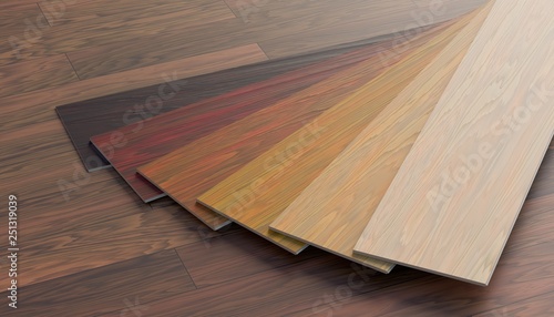 Color samples of wooden laminate floor. 3D rendered illustration. photo