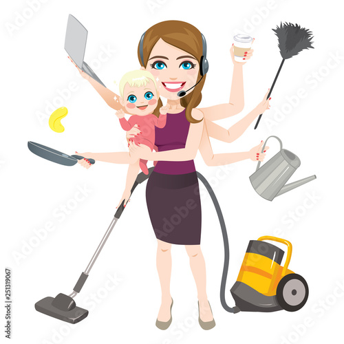 Mother holding newborn baby wearing headset and holding different household and work related objects cleaning cooking and working multitask concept