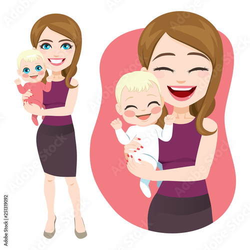 Young beautiful mother holding her cute newborn baby family concept