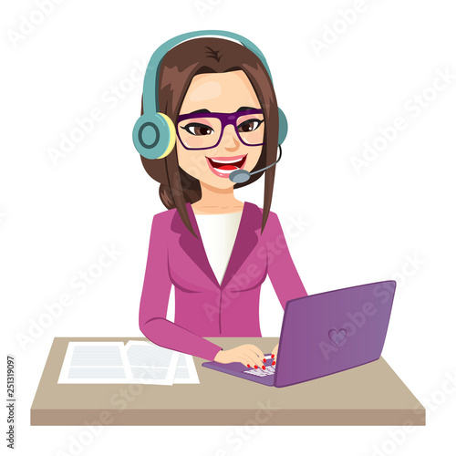 Illustration of young call center operator girl working on computer typing smiling happy looking at laptop screen